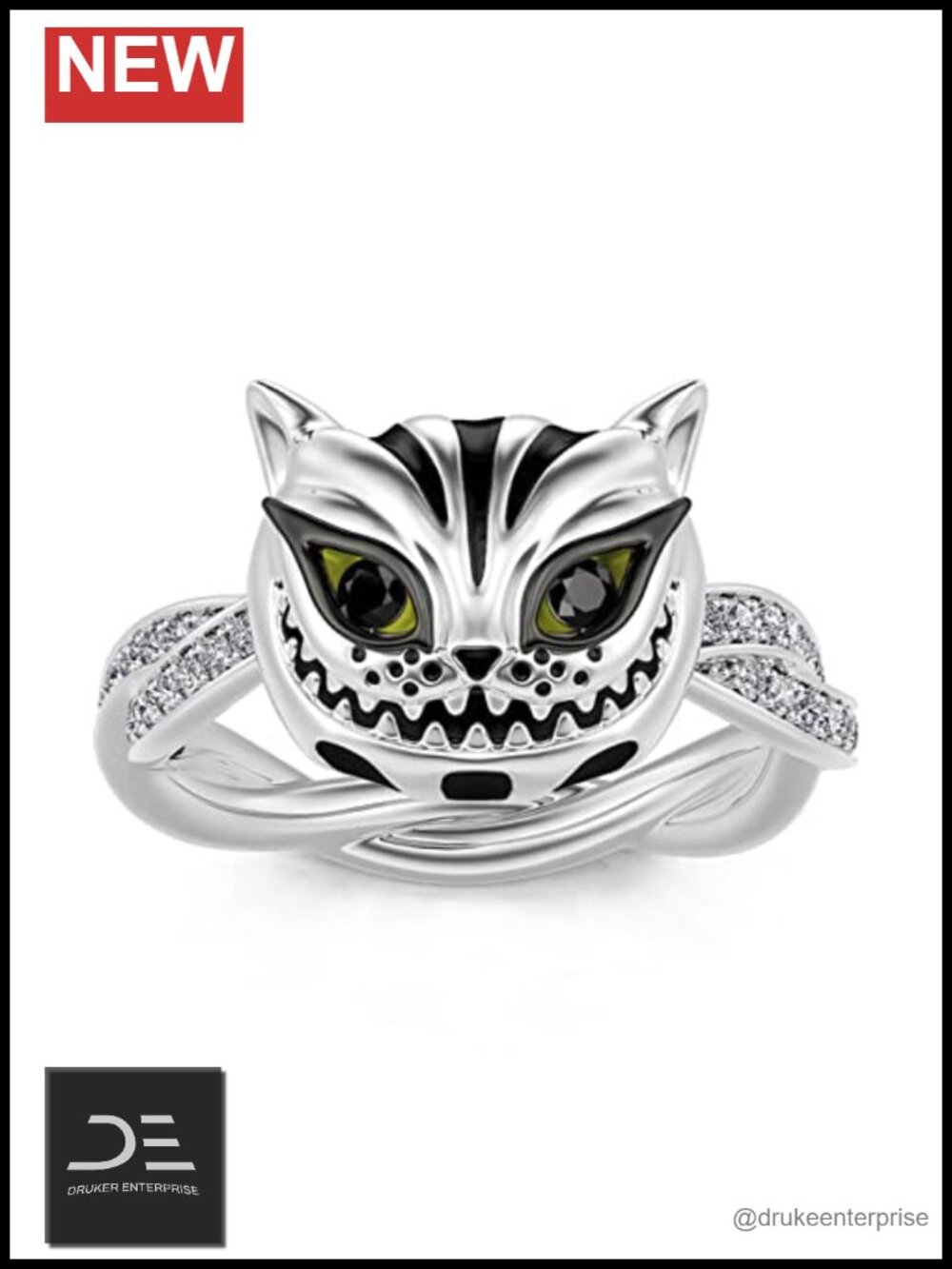 Sterling Silver Cheshire Cat Ring for Women Enamel Handmade Cubic Zirconia